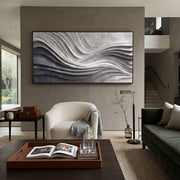 "Raised Crease River Ribbon Relief" - Modern Heavy Impasto Abstract Textured Artwork | White & Grey Palette Knife Painting | Luxury Horizontal Wall Art #Q 455