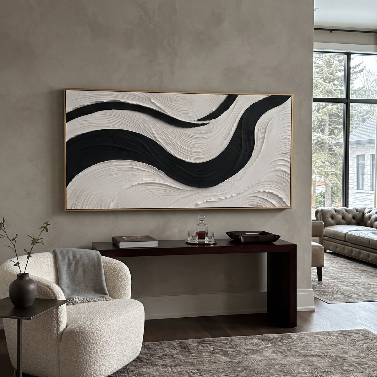 "Carved Ridge Raised Ribbon Relief" - Modern Heavy Impasto Abstract Textured Artwork | White & Grey Palette Knife Painting | Luxury Horizontal Wall Art #Q 456
