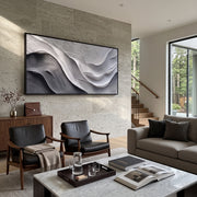 "Arc Vein Field Relief" - Modern Heavy Impasto Abstract Textured Artwork | White & Grey Palette Knife Painting | Luxury Horizontal Wall Art #Q 457