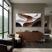 "Rush Spiral Channel Relief" - Modern Heavy Impasto Abstract Textured Artwork | White & Grey Palette Knife Painting | Luxury Horizontal Wall Art #Q 458