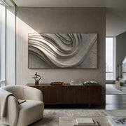 "Flow Fan Valley Relief" - Modern Heavy Impasto Abstract Textured Artwork | White & Grey Palette Knife Painting | Luxury Horizontal Wall Art #Q 459
