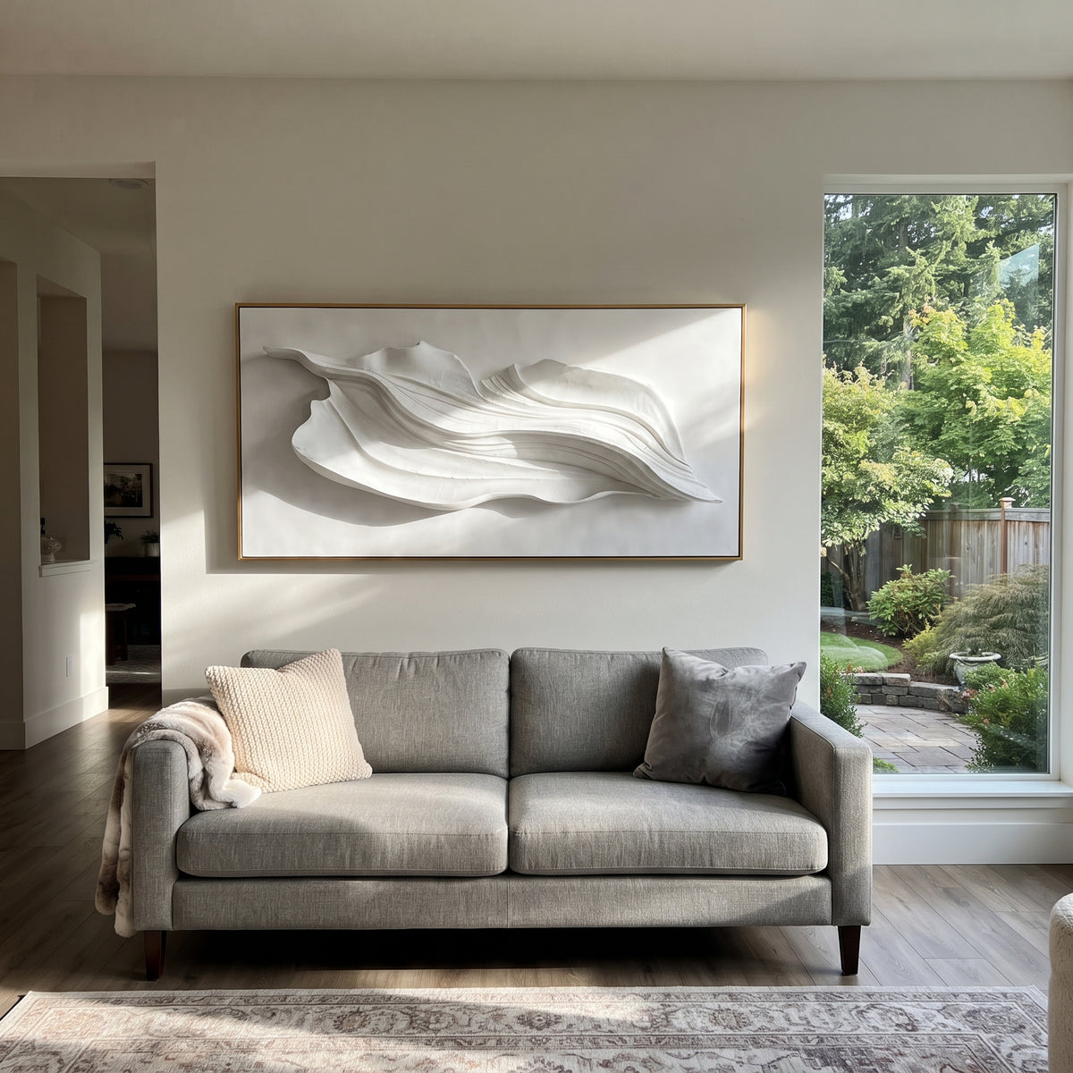 "Umber Southern Creek Relief" - Modern Heavy Impasto Abstract Textured Artwork | White & Grey Palette Knife Painting | Luxury Horizontal Wall Art #Q 476
