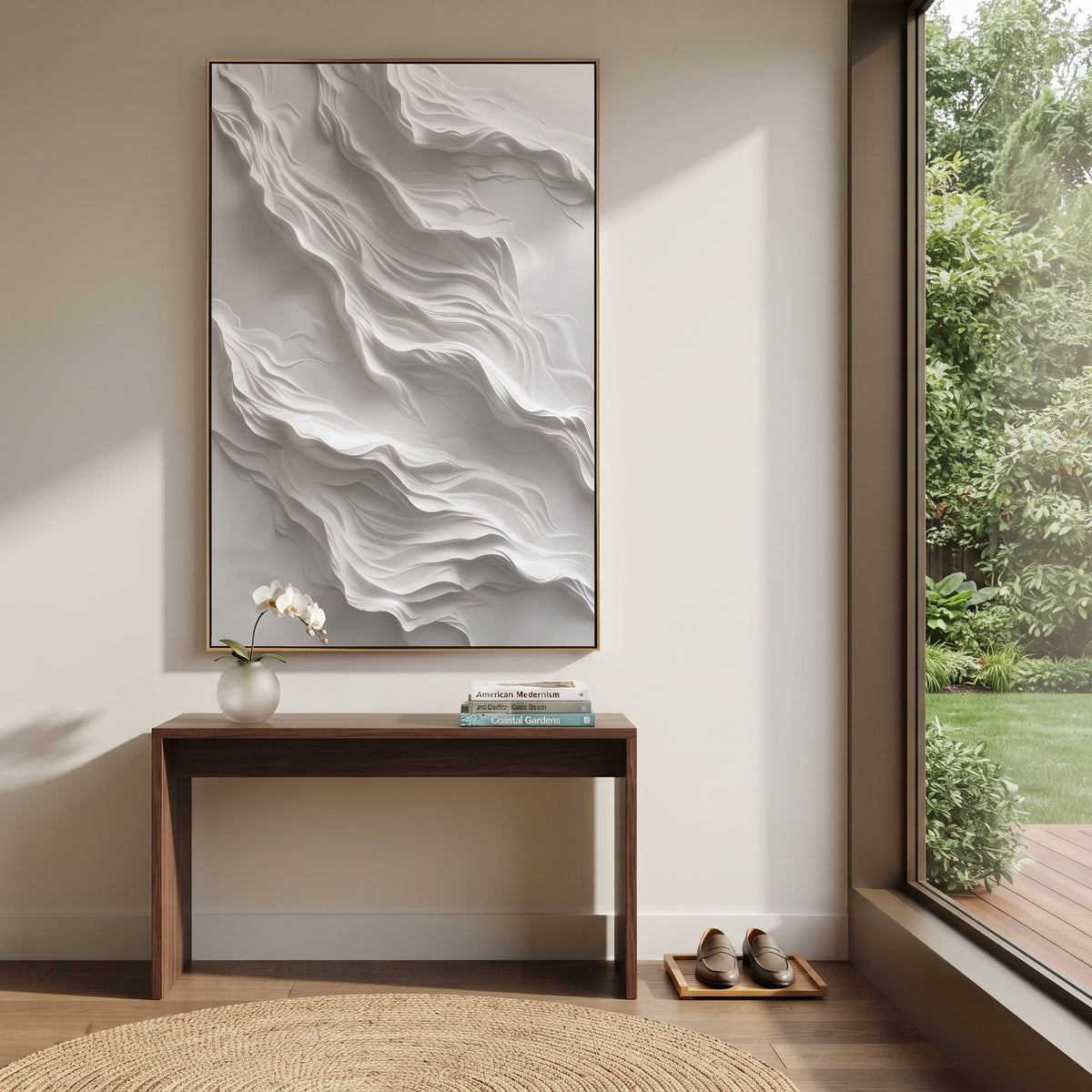 "Slate Sanctuary Ridge Relief" - Modern Heavy Impasto Abstract Textured Artwork | White & Beige Palette Knife Painting | Luxury Vertical Wall Art #Q 480