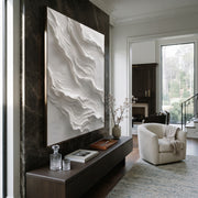 "Slate Sanctuary Ridge Relief" - Modern Heavy Impasto Abstract Textured Artwork | White & Beige Palette Knife Painting | Luxury Vertical Wall Art #Q 480
