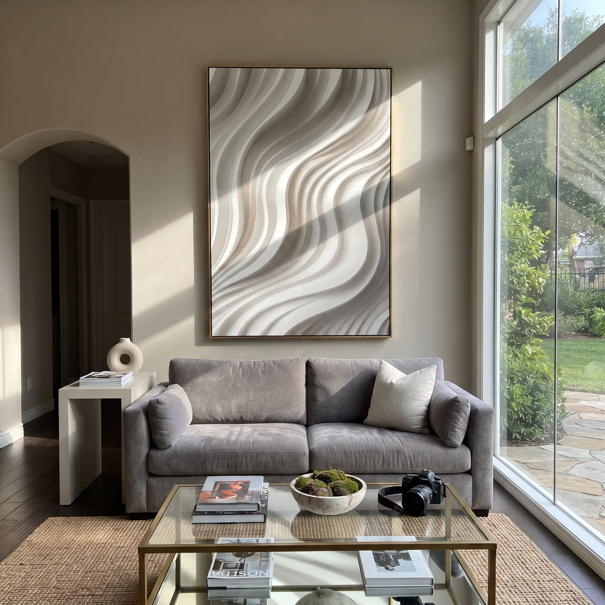 "Onyx Echo Current Woodgrain Relief" - Modern Heavy Impasto Abstract Textured Artwork | White & Beige Palette Knife Painting | Luxury Vertical Wall Art #Q 481