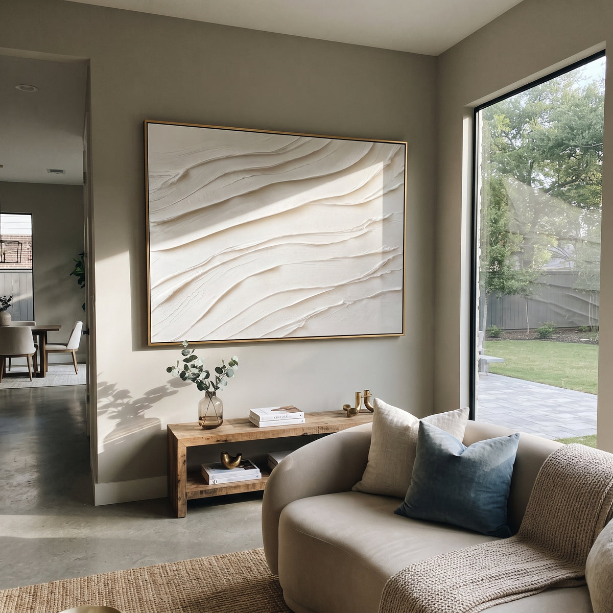 "Ebony Serene Channel Woodgrain Relief" - Modern Heavy Impasto Abstract Textured Artwork | White & Beige Palette Knife Painting | Luxury Horizontal Wall Art #Q 482