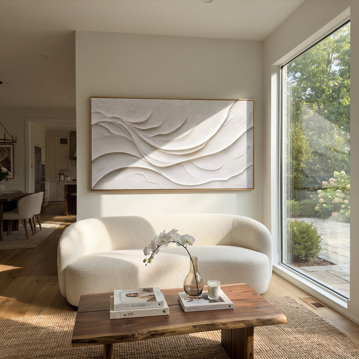 "Opal Radiant Fold Woodgrain Relief" - Modern Heavy Impasto Abstract Textured Artwork | White & Beige Palette Knife Painting | Luxury Horizontal Wall Art #Q 483