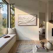 "Opal Radiant Fold Woodgrain Relief" - Modern Heavy Impasto Abstract Textured Artwork | White & Beige Palette Knife Painting | Luxury Horizontal Wall Art #Q 483