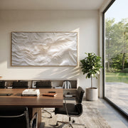 "Quartz Muted Ridge Woodgrain Relief" - Modern Heavy Impasto Abstract Textured Artwork | White & Beige Palette Knife Painting | Luxury Horizontal Wall Art #Q 484
