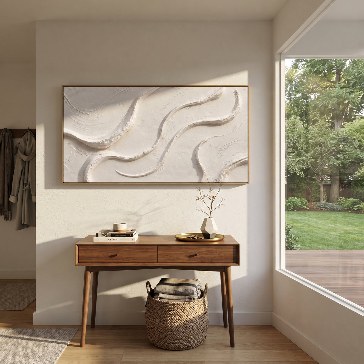 "Velvet Elegant Creek Woodgrain Relief" - Modern Heavy Impasto Abstract Textured Artwork | White & Beige Palette Knife Painting | Luxury Horizontal Wall Art #Q 486