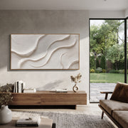 "Velvet Elegant Creek Woodgrain Relief" - Modern Heavy Impasto Abstract Textured Artwork | White & Beige Palette Knife Painting | Luxury Horizontal Wall Art #Q 486