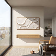"Velvet Elegant Creek Woodgrain Relief" - Modern Heavy Impasto Abstract Textured Artwork | White & Beige Palette Knife Painting | Luxury Horizontal Wall Art #Q 486