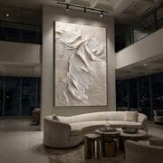 "Cloud Elemental Current Relief" - Modern Heavy Impasto Abstract Textured Artwork | Grey & Orange Palette Knife Painting | Luxury Vertical Wall Art #Q 491