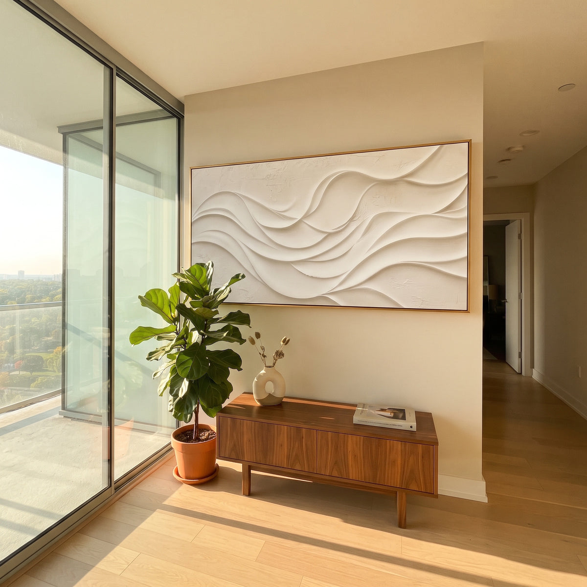 "Channel Relic Flow Relief" - Modern Heavy Impasto Abstract Textured Artwork | White & Beige Palette Knife Painting | Luxury Horizontal Wall Art #Q 500