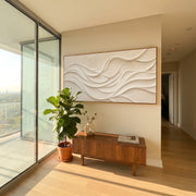 "Channel Relic Flow Relief" - Modern Heavy Impasto Abstract Textured Artwork | White & Beige Palette Knife Painting | Luxury Horizontal Wall Art #Q 500