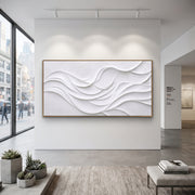 "Channel Relic Flow Relief" - Modern Heavy Impasto Abstract Textured Artwork | White & Beige Palette Knife Painting | Luxury Horizontal Wall Art #Q 500