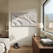 "Fold Ancient Ridge Relief" - Modern Heavy Impasto Abstract Textured Artwork | White & Beige Palette Knife Painting | Luxury Horizontal Wall Art #Q 501