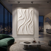 "Basin Clear Fold Relief" - Modern Heavy Impasto Abstract Textured Artwork | White & Beige Palette Knife Painting | Luxury Vertical Wall Art #Q 503