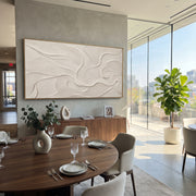"Field Polished Creek Relief" - Modern Heavy Impasto Abstract Textured Artwork | White & Beige Palette Knife Painting | Luxury Horizontal Wall Art #Q 505