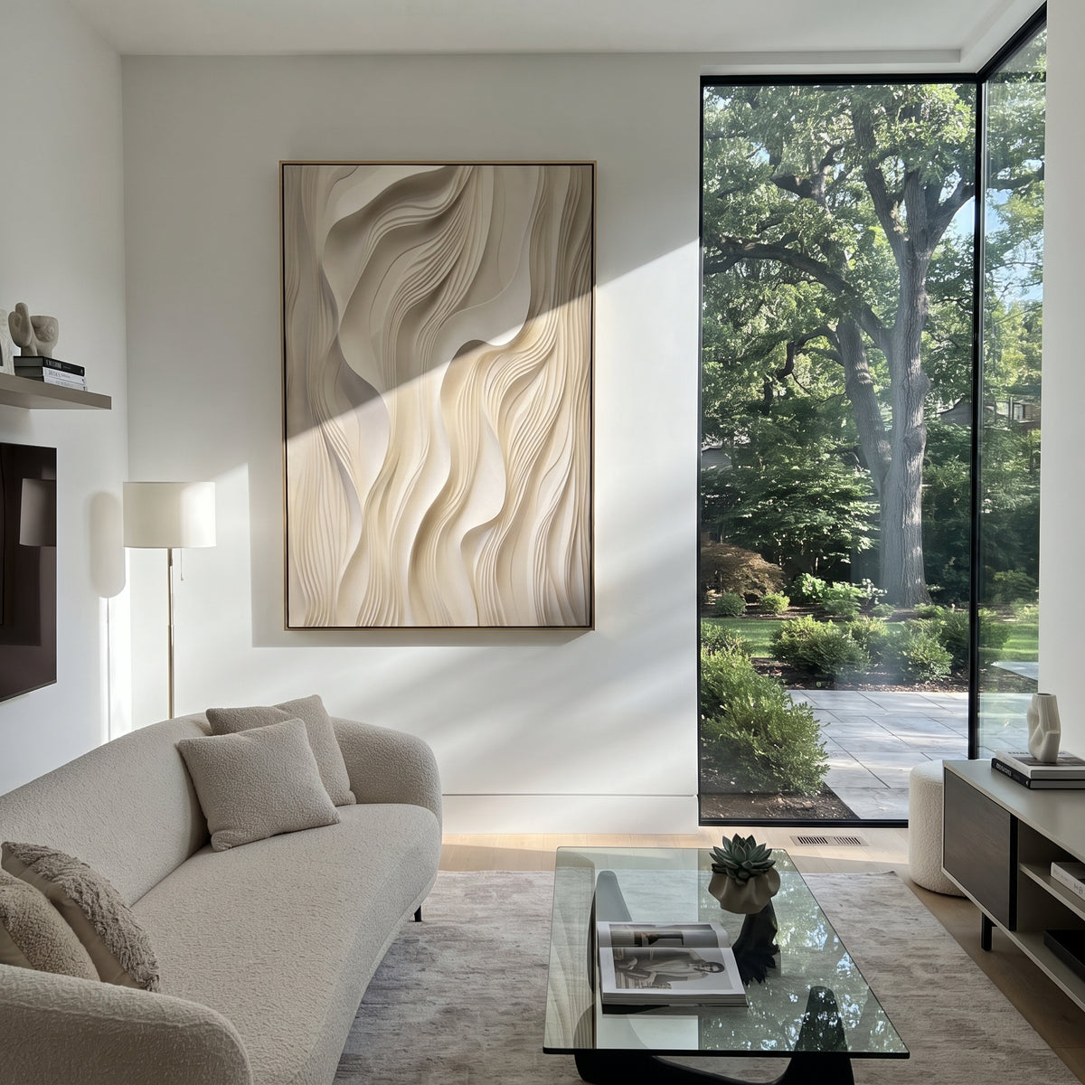 "Field Gossamer Wave Relief" - Modern Heavy Impasto Abstract Textured Artwork | White & Beige Palette Knife Painting | Luxury Vertical Wall Art #Q 506