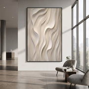 "Field Gossamer Wave Relief" - Modern Heavy Impasto Abstract Textured Artwork | White & Beige Palette Knife Painting | Luxury Vertical Wall Art #Q 506