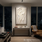 "Field Gossamer Wave Relief" - Modern Heavy Impasto Abstract Textured Artwork | White & Beige Palette Knife Painting | Luxury Vertical Wall Art #Q 506