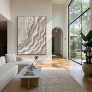 "Raised Mica Ridge Relief" - Modern Heavy Impasto Abstract Textured Artwork | White & Beige Palette Knife Painting | Luxury Vertical Wall Art #Q 507