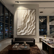"Raised Mica Ridge Relief" - Modern Heavy Impasto Abstract Textured Artwork | White & Beige Palette Knife Painting | Luxury Vertical Wall Art #Q 507