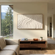 "Layer Pumice Channel Relief" - Modern Heavy Impasto Abstract Textured Artwork | White & Beige Palette Knife Painting | Luxury Horizontal Wall Art #Q 509