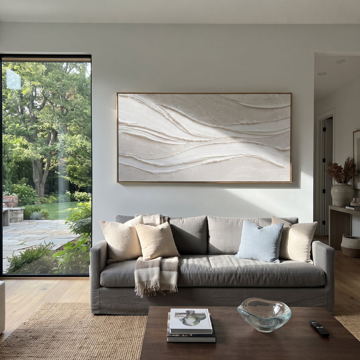"Warm Basalt Fold Relief" - Modern Heavy Impasto Abstract Textured Artwork | White & Beige Palette Knife Painting | Luxury Horizontal Wall Art #Q 511