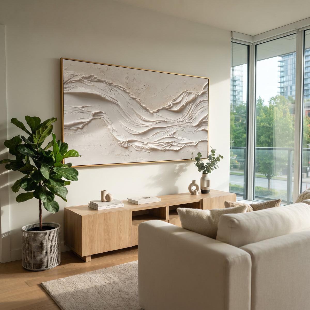 "Light Sandbar Ridge Relief" - Modern Heavy Impasto Abstract Textured Artwork | White & Beige Palette Knife Painting | Luxury Horizontal Wall Art #Q 513