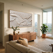 "Light Sandbar Ridge Relief" - Modern Heavy Impasto Abstract Textured Artwork | White & Beige Palette Knife Painting | Luxury Horizontal Wall Art #Q 513