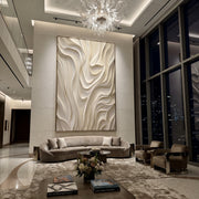 "North Basin Trace Relief" - Modern Heavy Impasto Abstract Textured Artwork | White & Beige Palette Knife Painting | Luxury Vertical Wall Art #Q 516