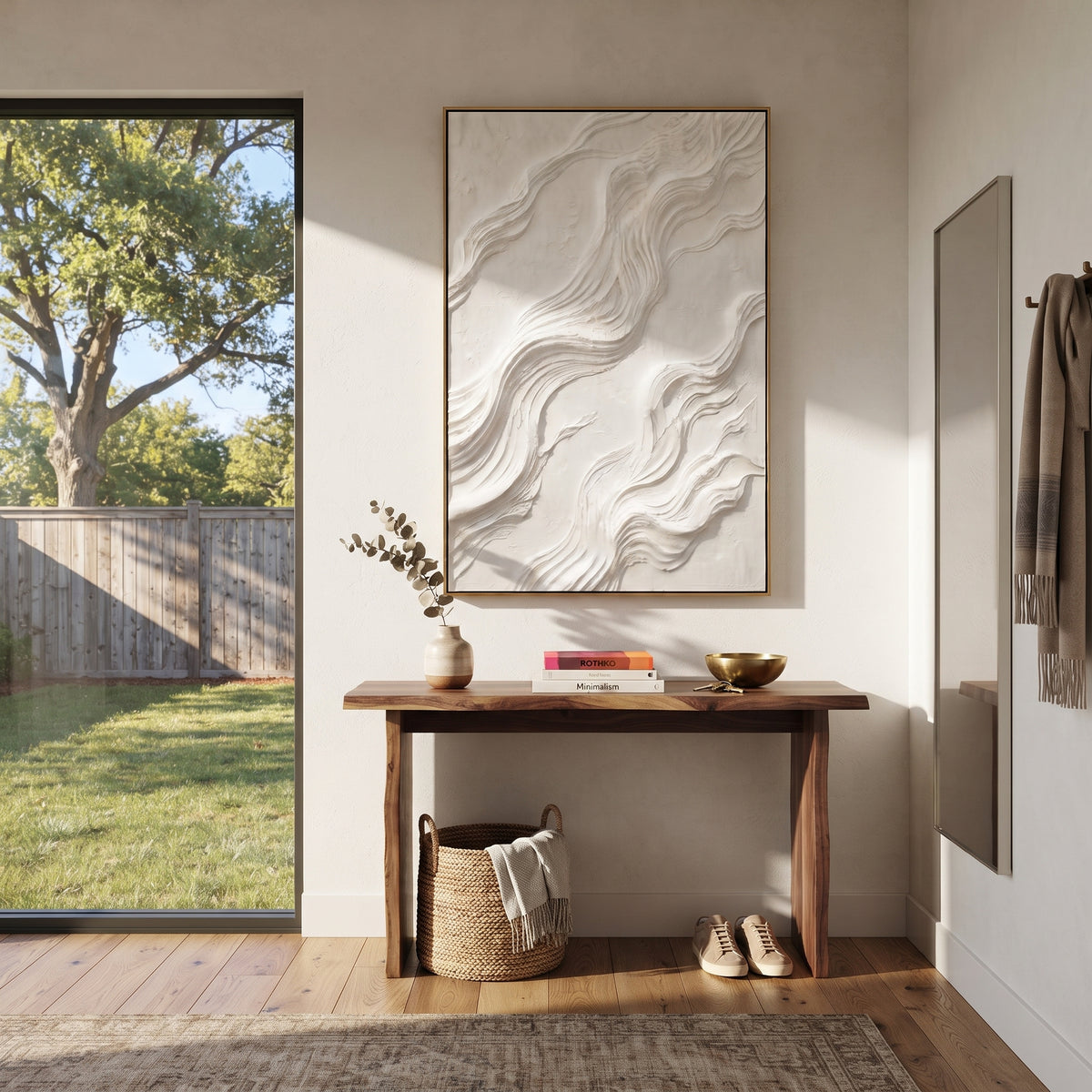 "South Warm Fold Relief" - Modern Heavy Impasto Abstract Textured Artwork | White & Beige Palette Knife Painting | Luxury Vertical Wall Art #Q 517