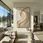 "Muted Sand Line Relief" - Modern Heavy Impasto Abstract Textured Artwork | White & Beige Palette Knife Painting | Luxury Vertical Wall Art #Q 525