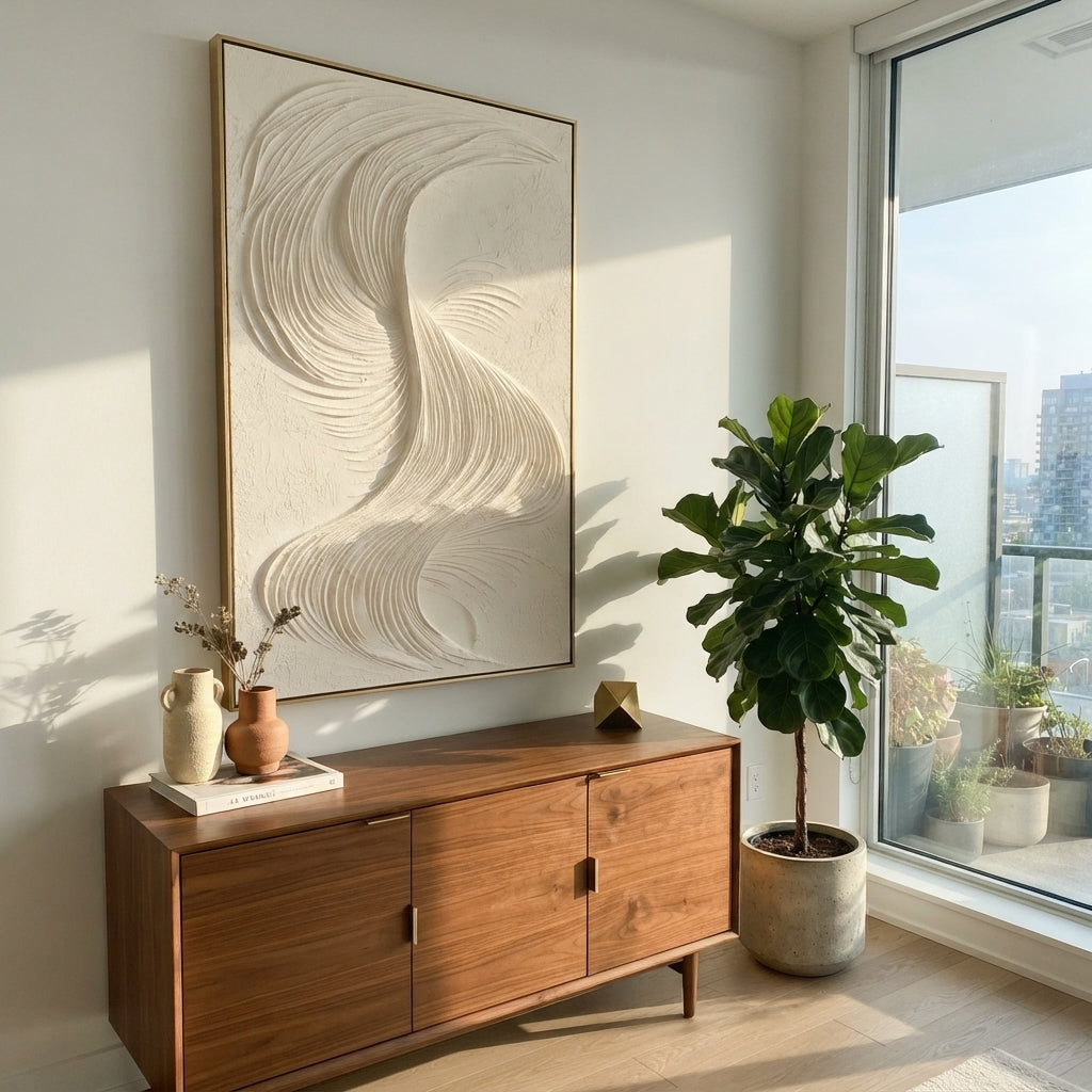 "Organic Quiet Contour Relief" - Modern Heavy Impasto Abstract Textured Artwork | White & Beige Palette Knife Painting | Luxury Vertical Wall Art #Q 528