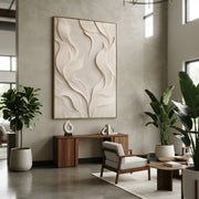 "Modern Raised Arc Relief" - Modern Heavy Impasto Abstract Textured Artwork | White & Beige Palette Knife Painting | Luxury Vertical Wall Art #Q 529