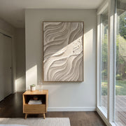"Gallery Linen Channel Relief" - Modern Heavy Impasto Abstract Textured Artwork | White & Beige Palette Knife Painting | Luxury Vertical Wall Art #Q 531