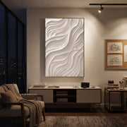 "Gallery Linen Channel Relief" - Modern Heavy Impasto Abstract Textured Artwork | White & Beige Palette Knife Painting | Luxury Vertical Wall Art #Q 531
