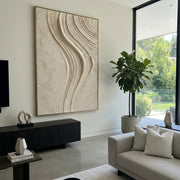 "Elemental Pearl Line Relief" - Modern Heavy Impasto Abstract Textured Artwork | White & Beige Palette Knife Painting | Luxury Vertical Wall Art #Q 532