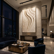 "Elemental Pearl Line Relief" - Modern Heavy Impasto Abstract Textured Artwork | White & Beige Palette Knife Painting | Luxury Vertical Wall Art #Q 532
