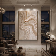 "Balanced Dune Channel Relief" - Modern Heavy Impasto Abstract Textured Artwork | White & Beige Palette Knife Painting | Luxury Vertical Wall Art #Q 534