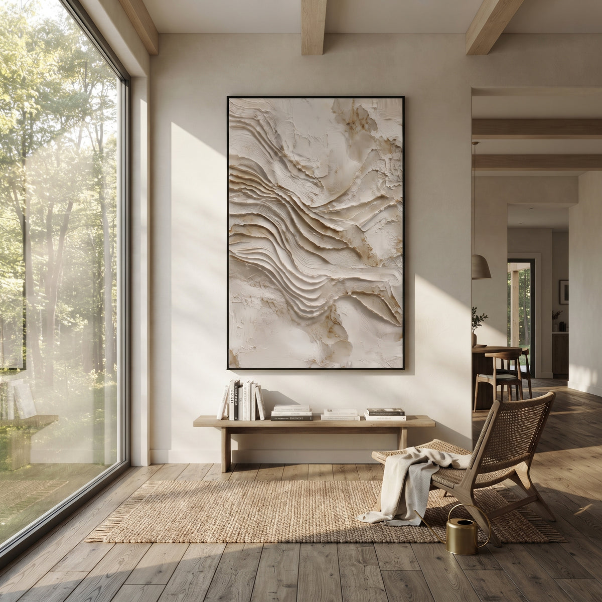 "Subtle Fine Arc Relief" - Modern Heavy Impasto Abstract Textured Artwork | White & Beige Palette Knife Painting | Luxury Vertical Wall Art #Q 536