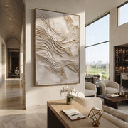 "Subtle Fine Arc Relief" - Modern Heavy Impasto Abstract Textured Artwork | White & Beige Palette Knife Painting | Luxury Vertical Wall Art #Q 536