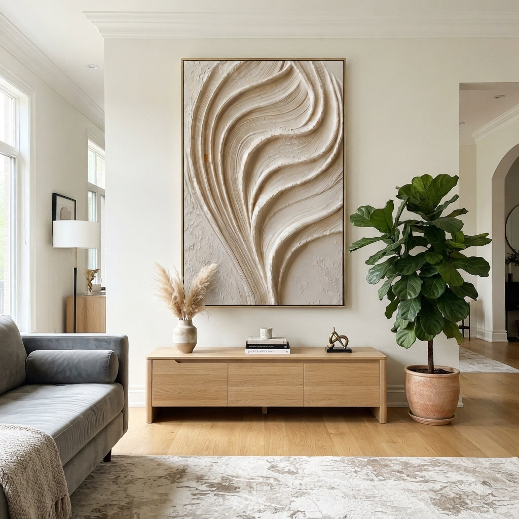 "Airy Warm Line Relief" - Modern Heavy Impasto Abstract Textured Artwork | White & Beige Palette Knife Painting | Luxury Vertical Wall Art #Q 537