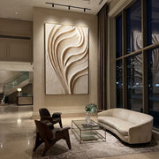 "Airy Warm Line Relief" - Modern Heavy Impasto Abstract Textured Artwork | White & Beige Palette Knife Painting | Luxury Vertical Wall Art #Q 537