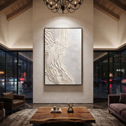 "Grounded Carved Channel Relief" - Modern Heavy Impasto Abstract Textured Artwork | White & Beige Palette Knife Painting | Luxury Vertical Wall Art #Q 538