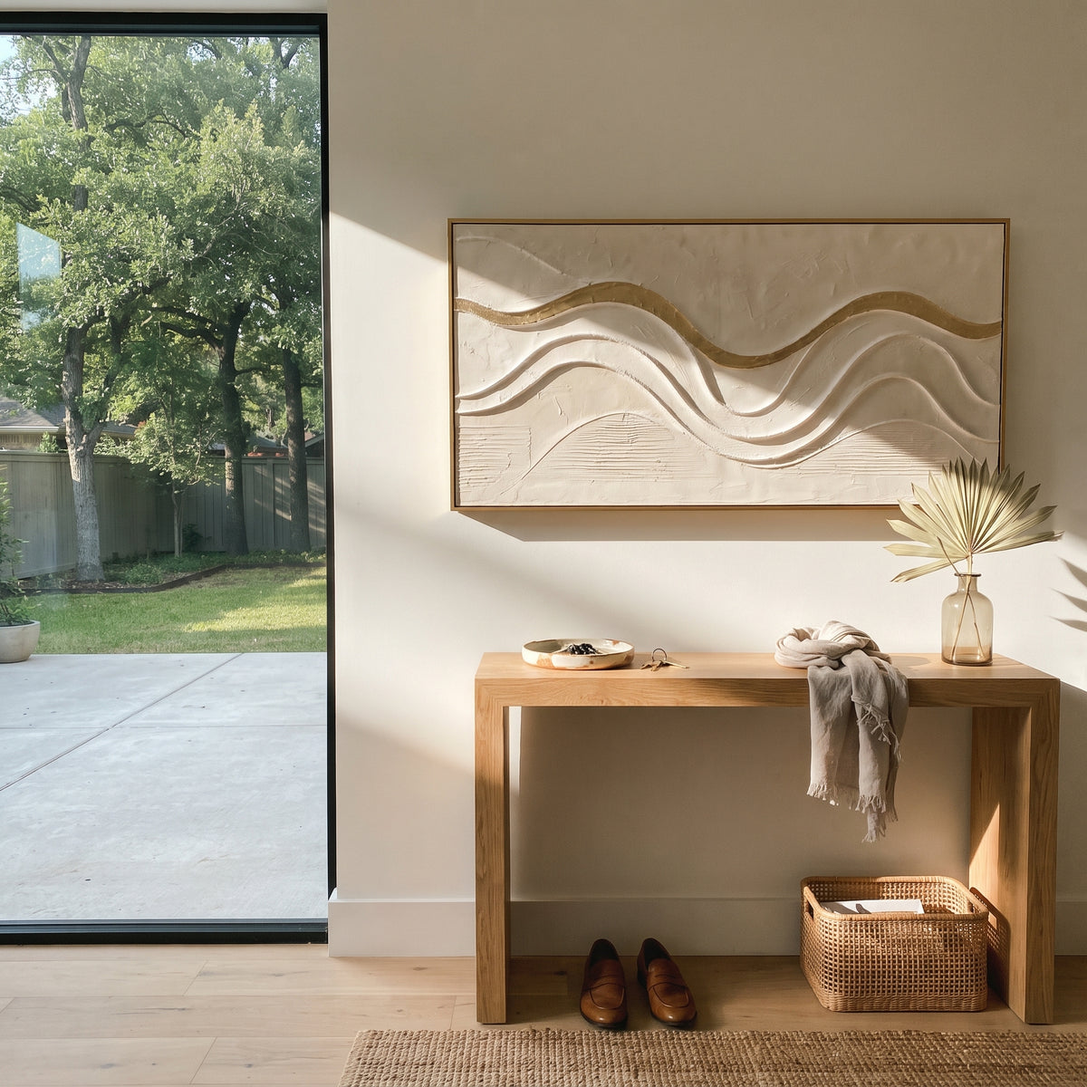 Quiet Gold Ribbon Relief focuses on soft horizontal ivory ribbons with a slim champagne gold line crossing the upper third, keeping the composition specific to this single abstract textured artwork rather than using a generic batch description. The visible surface is built around white, ivory, champagne gold, with pale plaster passages, metallic highlights, softened neutral transitions, and raised edges that guide the eye across the picture plane. The main movement is easy to read from the image