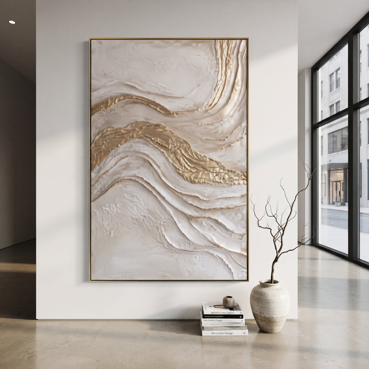 "Rising Champagne Ridge Relief" - Modern Heavy Impasto Landscape Artwork | White & Beige Palette Knife Painting | Luxury Vertical Wall Art #Q 78