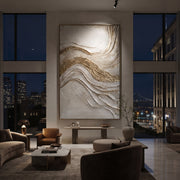 "Rising Champagne Ridge Relief" - Modern Heavy Impasto Landscape Artwork | White & Beige Palette Knife Painting | Luxury Vertical Wall Art #Q 78